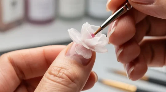 Professional nail artist creating 3D acrylic flower on nail with precise brush technique