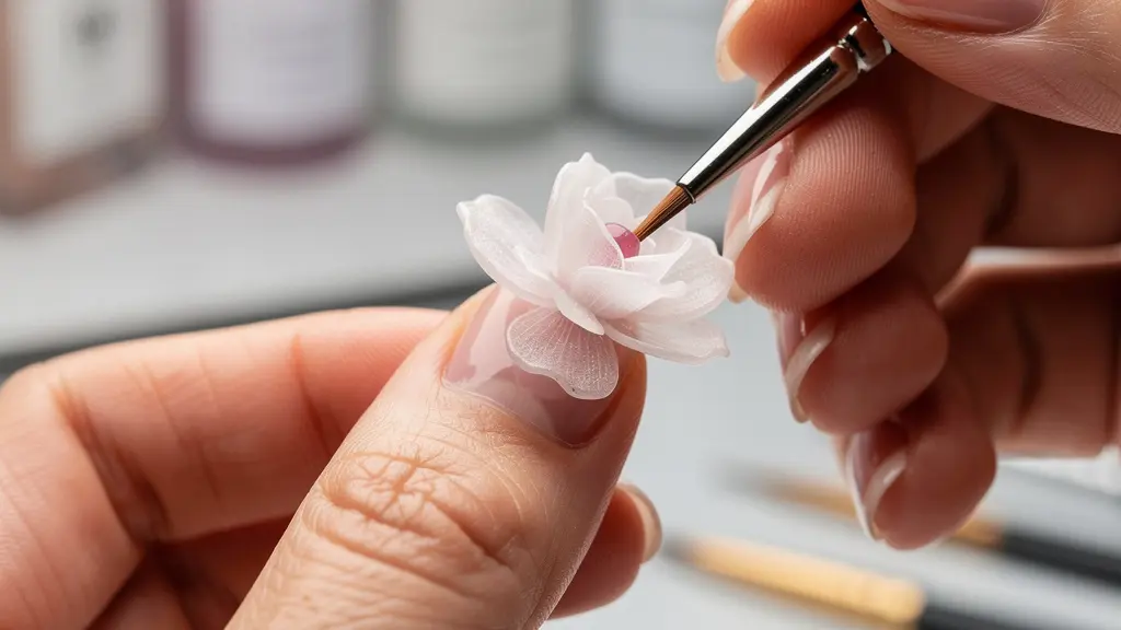 Professional nail artist creating 3D acrylic flower on nail with precise brush technique