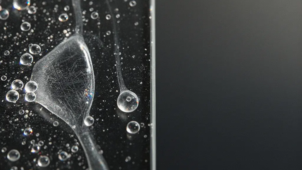 Macro photo of acetone droplets and translucent polymer residue on a glass surface, suggesting contamination concentration without text.