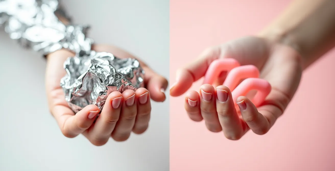 Side-by-side comparison of aluminum foil wrapping and silicone clip methods for gel polish removal