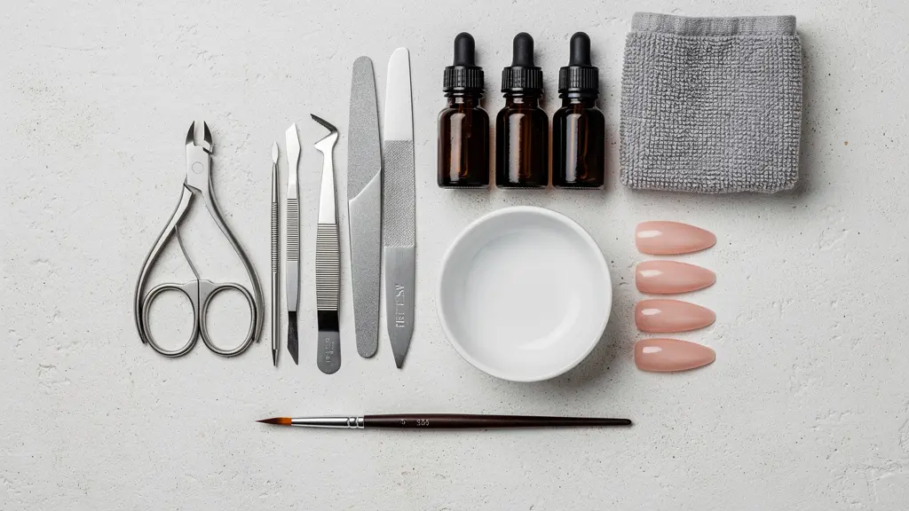 Overhead minimalist flat-lay of professional beauty education tools and supplies arranged on a clean white surface, symbolizing a career investment.