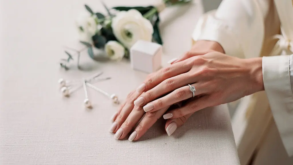 Bride's hands with a fresh neutral manicure and engagement ring styled for a wedding detail photoshoot, with clean negative space.