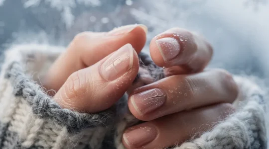 Close-up of hands emerging from winter gloves showing brittle nails against cold winter backdrop