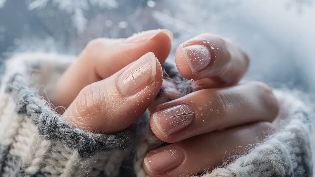 Close-up of hands emerging from winter gloves showing brittle nails against cold winter backdrop