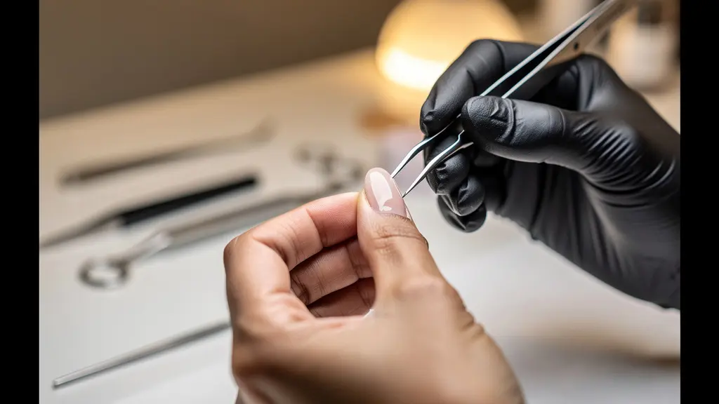 Close-up of nail technician's hands demonstrating the C-curve pinching technique on gel nails