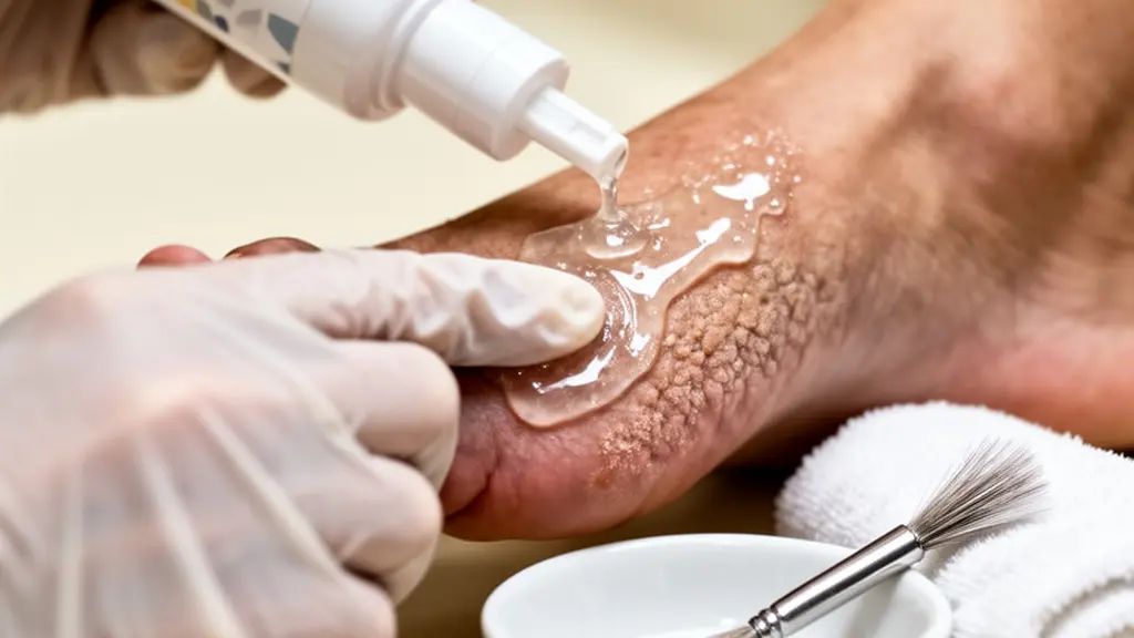 Extreme close-up macro photograph of a professional foot care setup with chemical exfoliant being applied to rough skin, showing fine texture details.