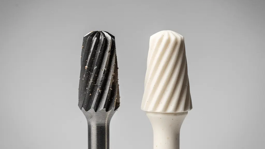 Macro close-up of a carbide nail drill bit and a ceramic nail drill bit side by side, highlighting surface textures that relate to heat and friction.