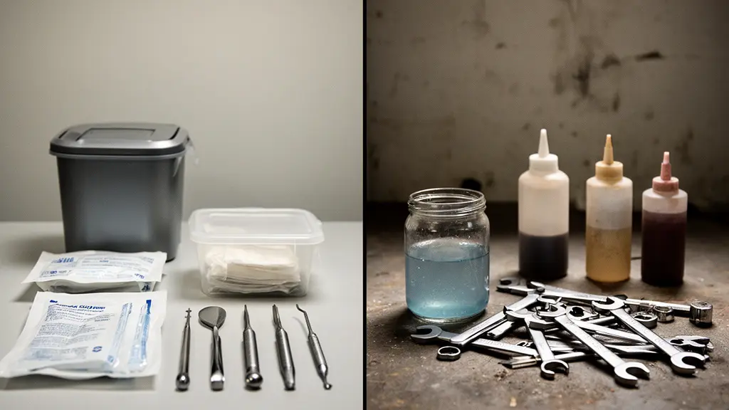 A symbolic still life showing a clean, compliant nail station contrasted with a risky, cluttered station using unlabeled containers and unsealed tools.