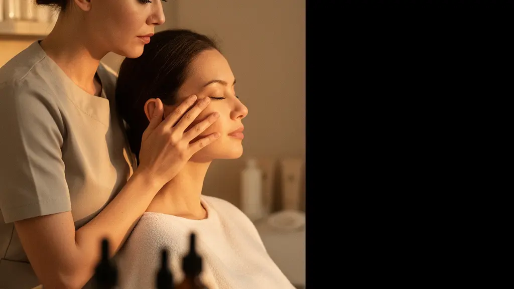 Warm editorial photograph of an esthetician consulting with a client in a serene treatment room, emphasizing the trust-based advisory relationship.