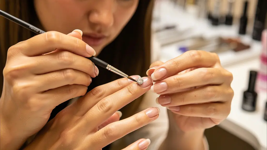 Close-up of nail technician using fine brush to seal crystal edges with clear gel