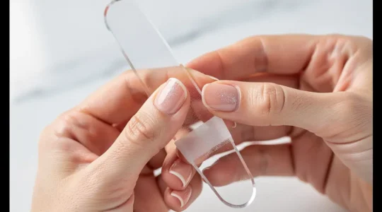 Close-up of elegant hands using a Czech glass nail file on natural nails with soft window light