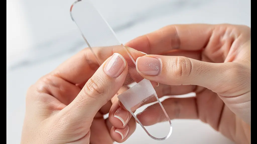 Close-up of elegant hands using a Czech glass nail file on natural nails with soft window light