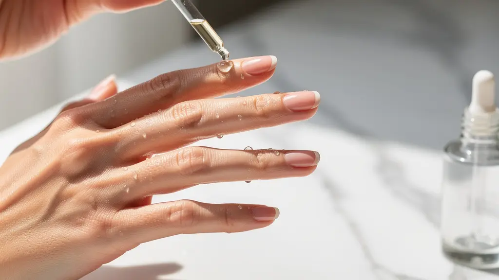 Woman's hands applying serum to slightly damp nails after washing