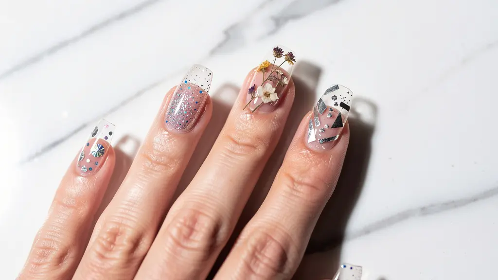 Crystal-clear acrylic nails with encapsulated elements creating a 3D aquarium effect