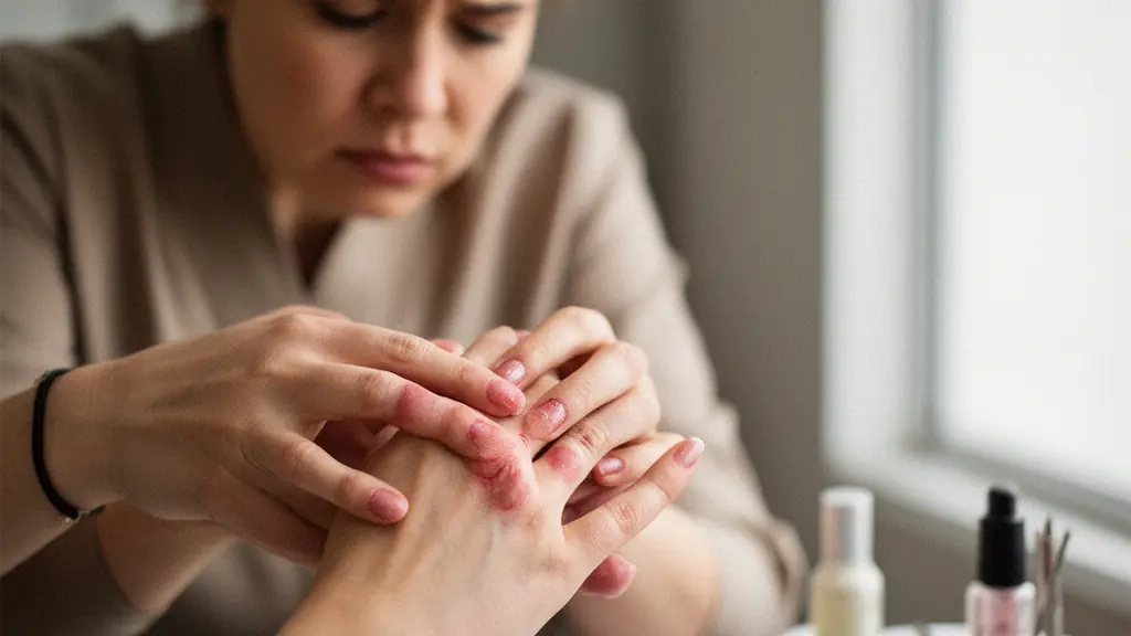 Close portrait of a person examining mild redness and swelling around the cuticle area under soft window light, conveying early allergy signs without text.