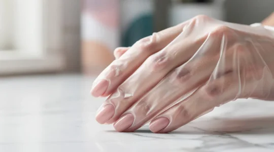 Close-up of elegant manicured hands with glossy gel polish wearing protective gloves