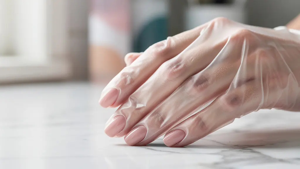 Close-up of elegant manicured hands with glossy gel polish wearing protective gloves