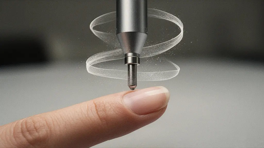 A conceptual close-up showing an e-file handpiece and nail with two opposing motion cues represented as abstract ribbons, symbolizing forward versus reverse rotation without using any text.