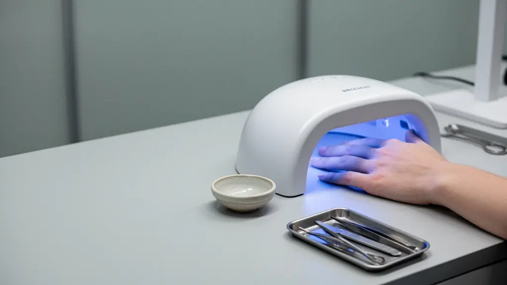 Wide, minimalist nail workstation scene with a hand under an LED curing lamp, conveying heat buildup without any text or UI.