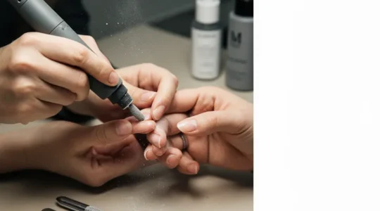 A nail technician gently removing gel polish with an electric file, showing controlled technique and clean negative space for an editorial layout.