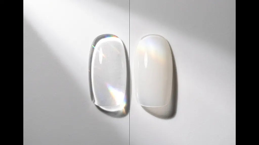 Side-by-side comparison of clear builder gel and acrylic nail tips showing different light refraction
