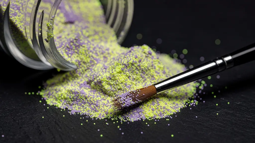 Extreme close-up of luminous green and purple glow-in-the-dark pigment powder scattered on a dark surface next to a fine brush, capturing the tactile granular texture of the raw material.