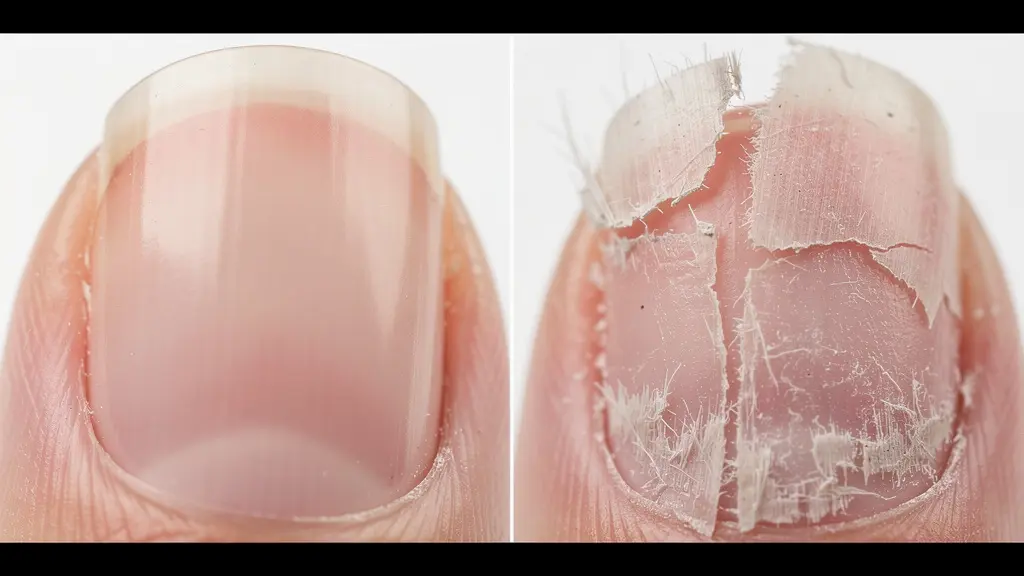 Side-by-side microscopic view comparing a smooth healthy nail surface with the rough, cracked texture of an over-buffed nail.