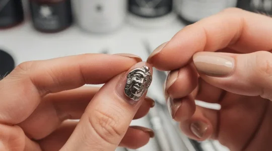 Close-up of professional nail technician applying heavy 3D nail charms with precision tools