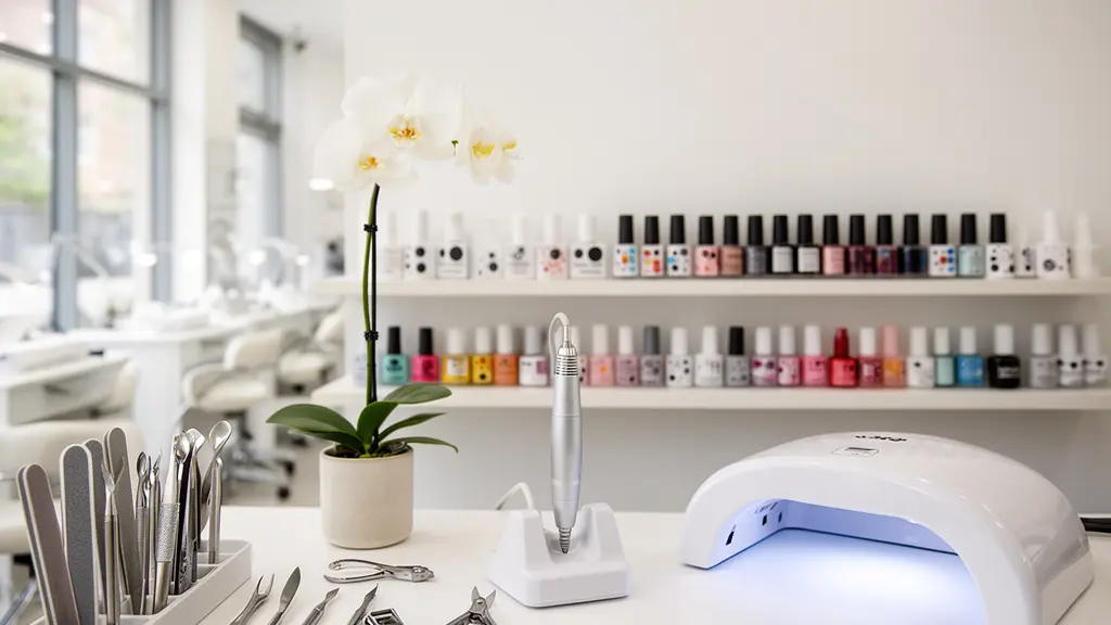 Wide shot of professional nail technician's independent workspace with organized tools and supplies