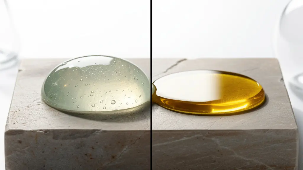 Close-up of nail care products showing clear aloe gel and golden vitamin E oil in separate containers