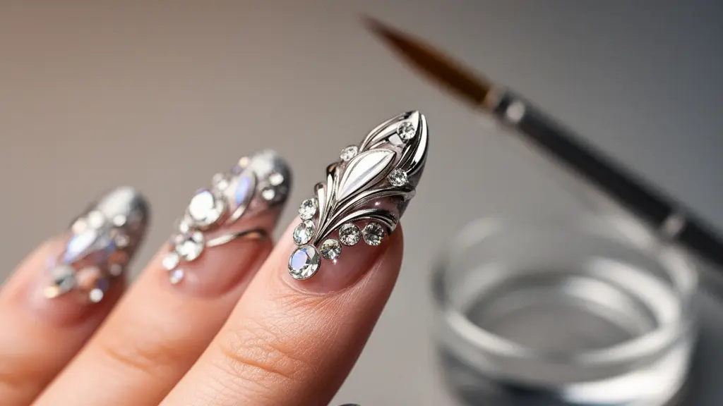 Macro editorial photo of intricate 3D nail art with crystals and sculpted gel details, emphasizing texture and craftsmanship for premium pricing.