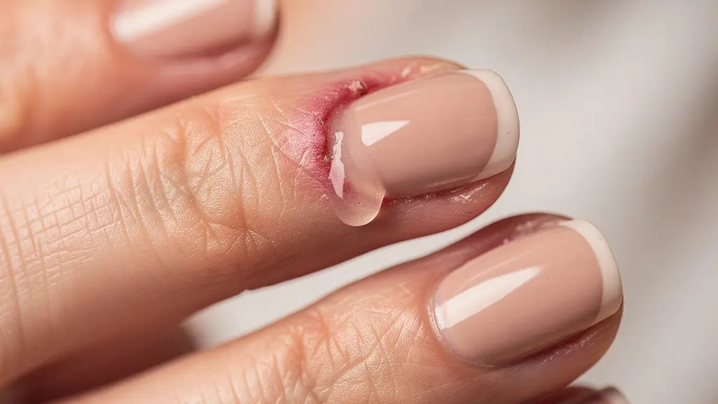 Extreme macro of a fingertip showing mildly irritated cuticles beside a drop of cuticle oil, highlighting texture and redness risk.