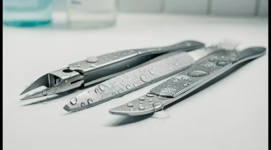 Close-up of nail care tools with bacterial biofilm representation in soft focus