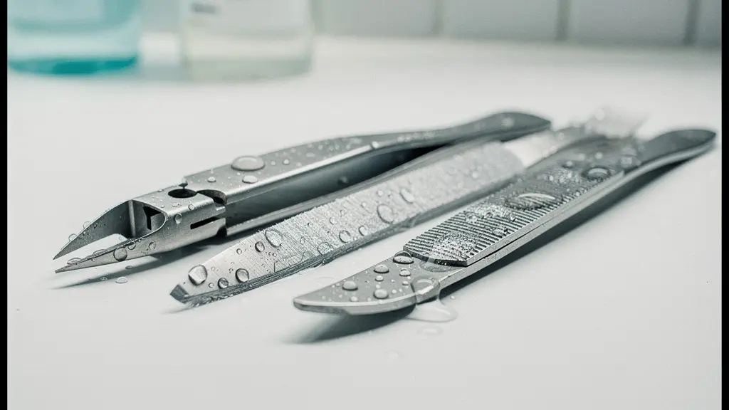 Close-up of nail care tools with bacterial biofilm representation in soft focus