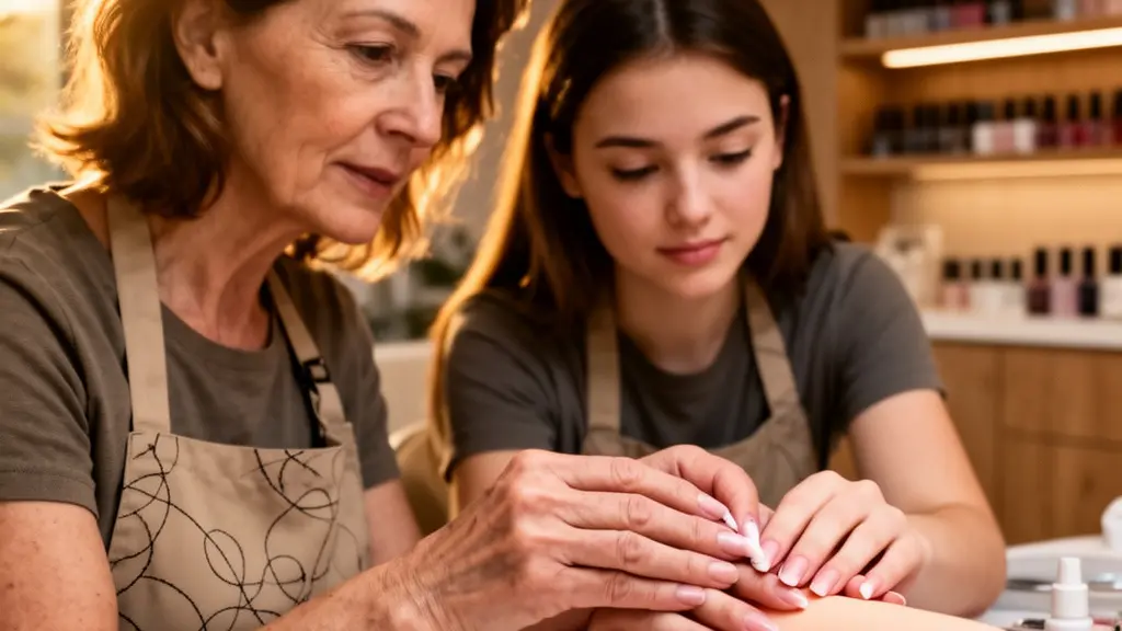 A seasoned nail technician closely guiding a younger apprentice during a hands-on nail application session in a professional salon setting, illustrating the power of mentorship.