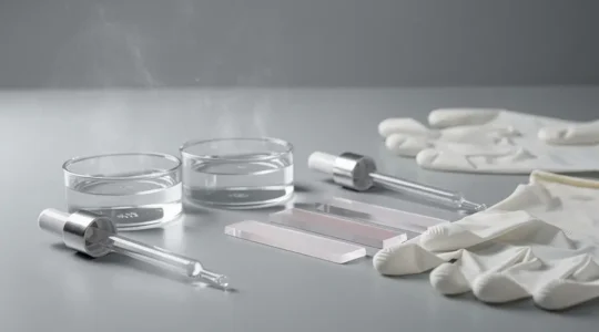 Editorial still life of nail chemistry tools with two clear liquids suggesting different monomer quality, shot with clean negative space.