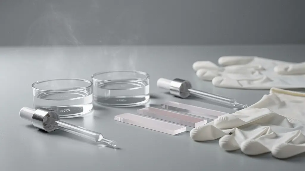 Editorial still life of nail chemistry tools with two clear liquids suggesting different monomer quality, shot with clean negative space.