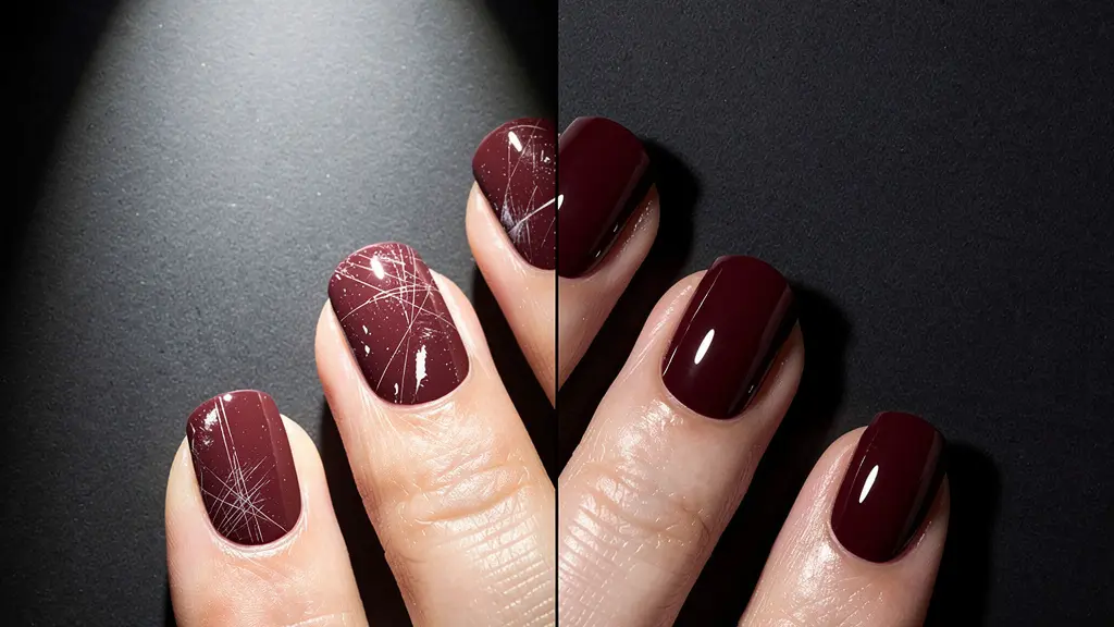 Close-up comparison of scratch-resistant gel top coat on dark nail polish