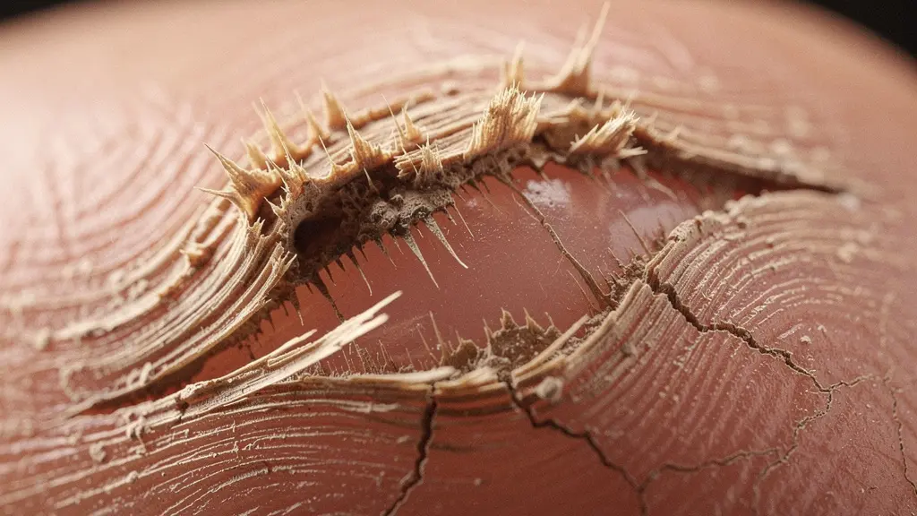 Extreme close-up of damaged nail plate showing keratin fiber disruption