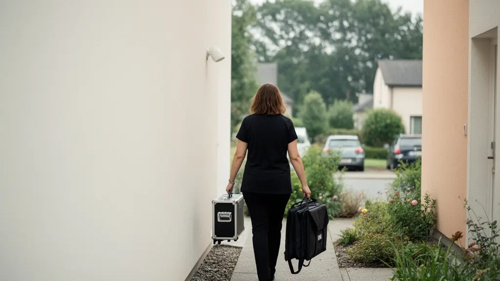 Wide editorial photo of a mobile nail technician carrying a compact kit toward a client’s doorway, with clean negative space suggesting zone-based travel pricing.