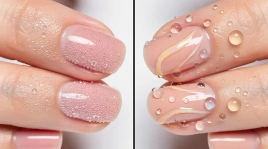 Close-up view of nail care oils being applied to fingernails showing molecular penetration effect