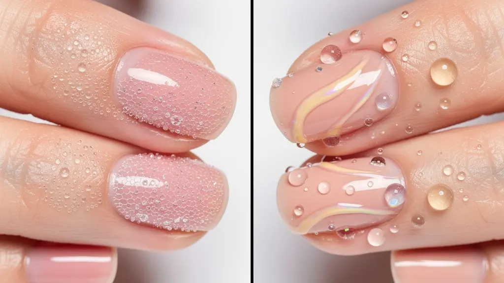 Close-up view of nail care oils being applied to fingernails showing molecular penetration effect