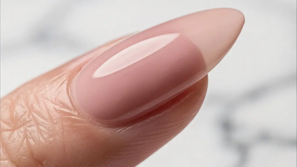 Professional manicure showing the structural apex of long sculpted nails from side profile view