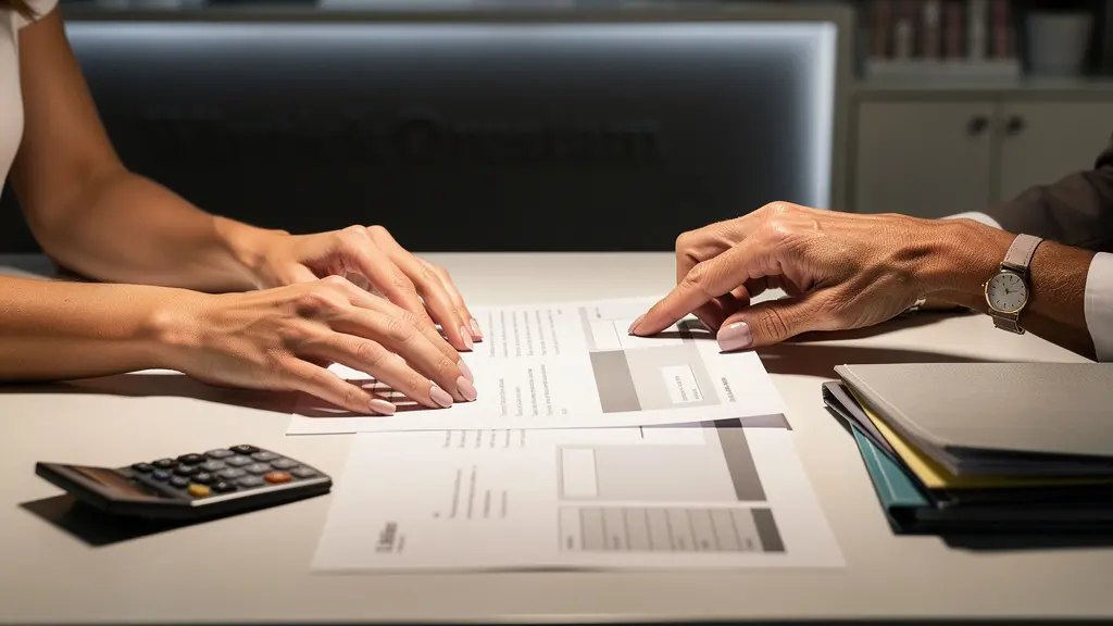 Close-up of hands reviewing apprenticeship contract documents at nail salon desk
