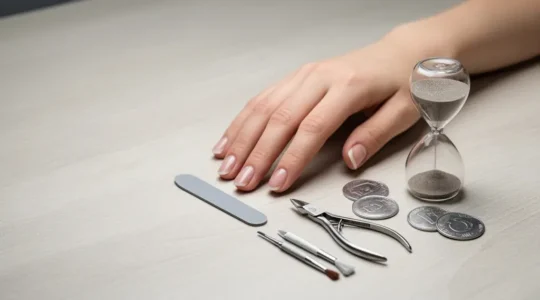 Editorial photo of a nail artist’s workstation with manicure tools, an hourglass, and neutral props suggesting time-based pricing, with wide negative space for a headline.