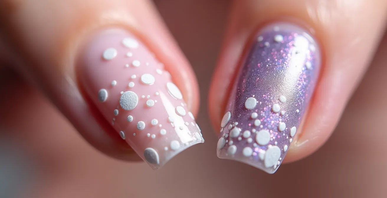 Extreme close-up comparison of nail sticker and water decal application techniques