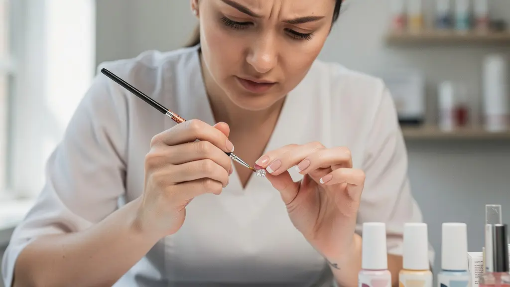 Professional nail artist using fine liner brush to seal edges around 3D nail charm