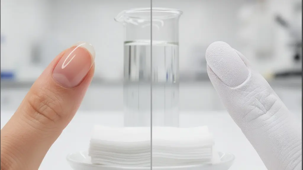 Split-screen comparison showing nail surface before and after acetone dehydration treatment