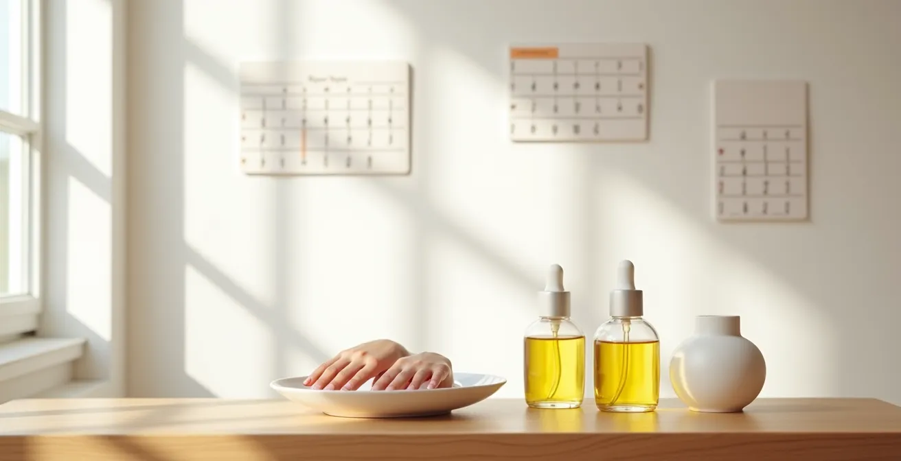 Minimalist wide shot of nail care recovery station showing the 48-hour cycle