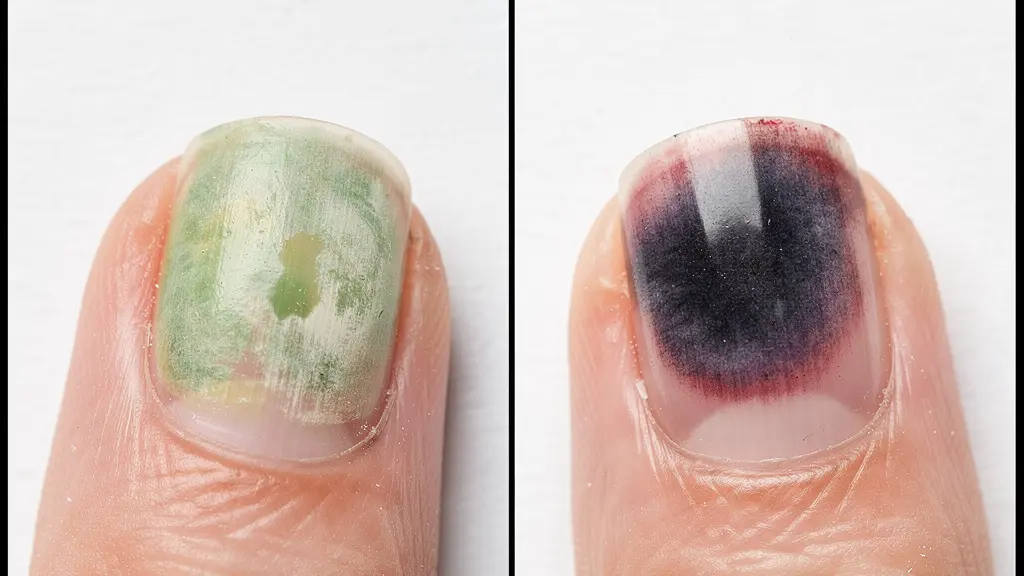 Close-up comparison of greenies infection versus nail bruising for identification